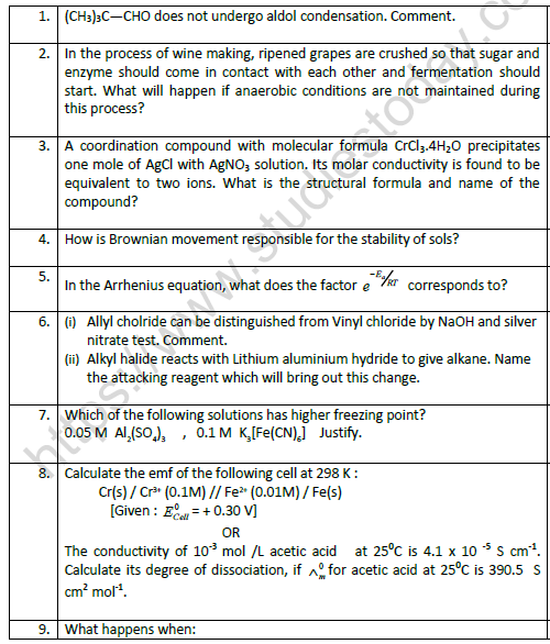 CBSE Class 12 Chemistry Sample Paper 2021 Set B